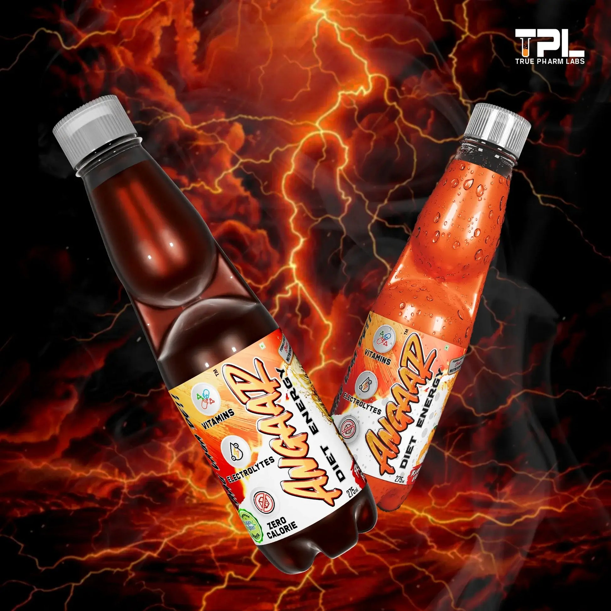 ANGAAR ENERGY pack of 6, sugar-free energy drinks in Orange & Fruit Beer flavors, perfect for a boost during workouts.