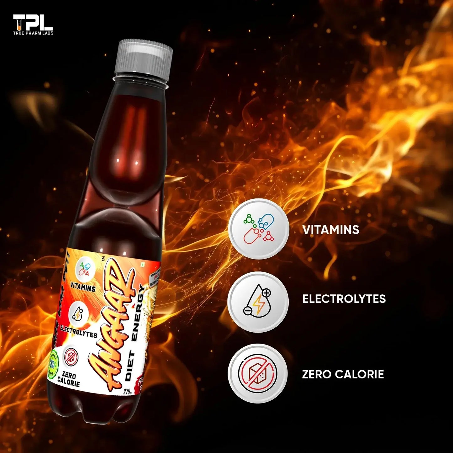 ANGAAZ ENERGY drink bottle featuring zero calorie, electrolytes, and vitamins for clean, crash-free energy.