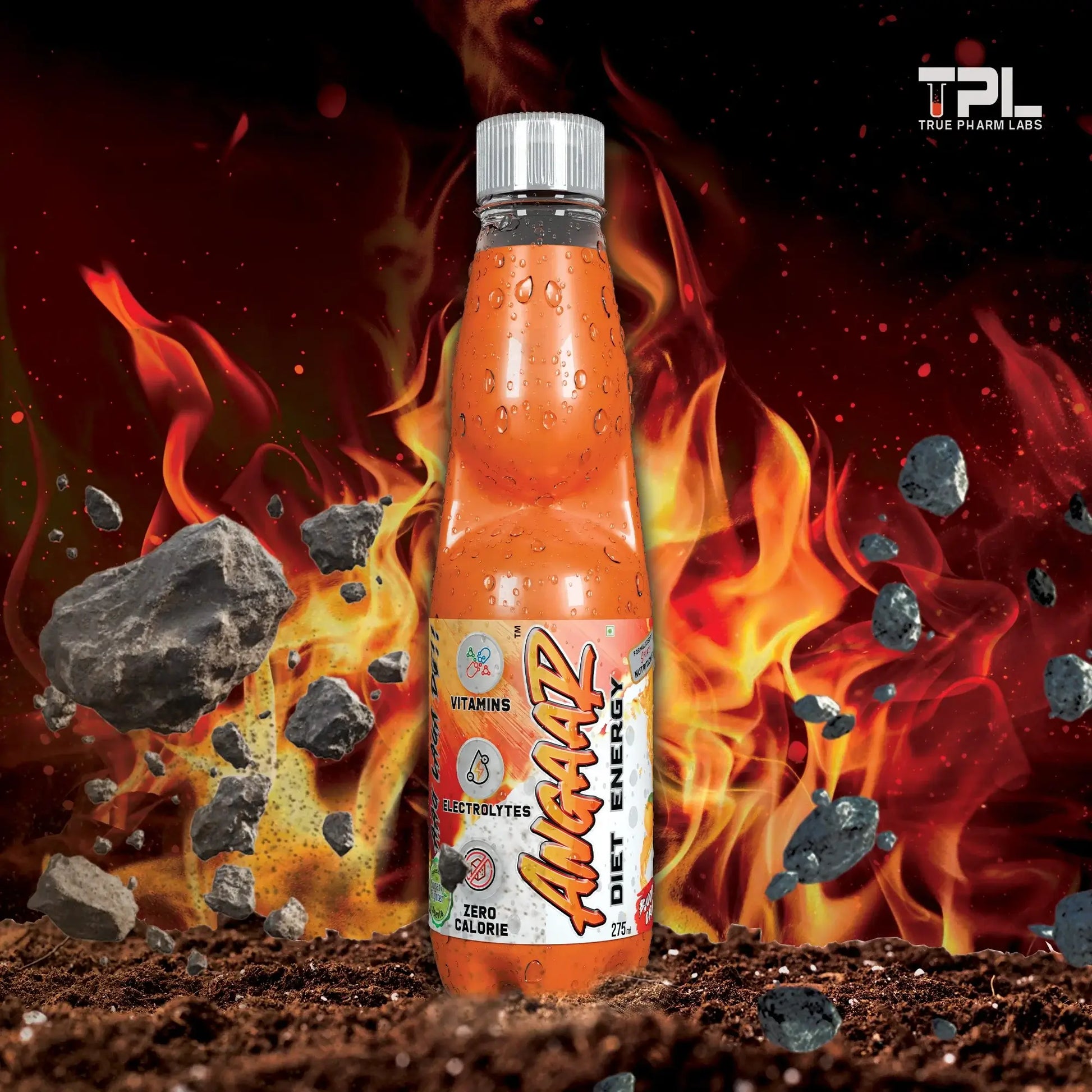 ANGARR ENERGY drink bottle surrounded by fiery background, showcasing a sugar-free, zero-calorie energy drink.
