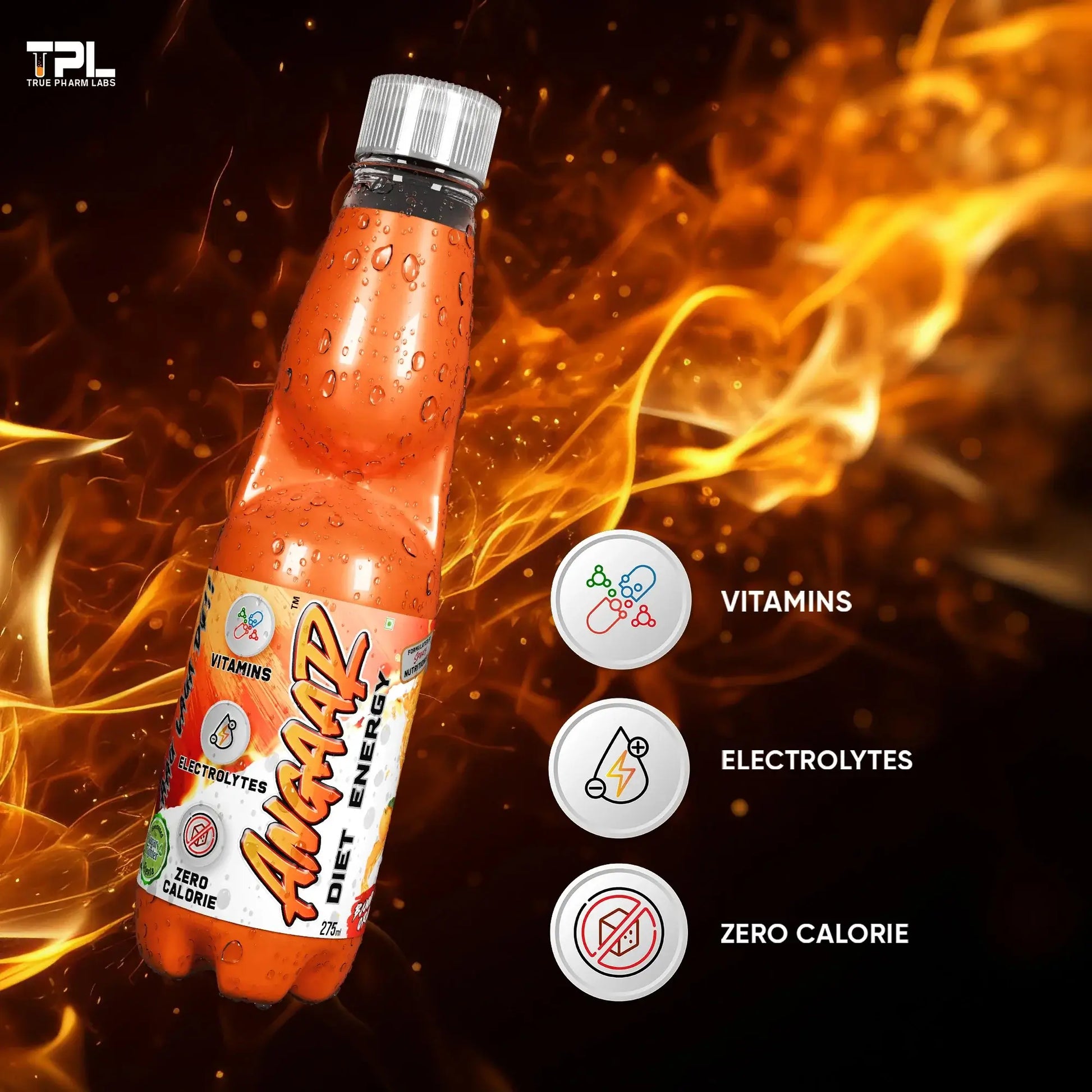 ANGAAR ENERGY drink bottle showcasing orange flavor, packed with vitamins and electrolytes, sugar-free and zero calorie.