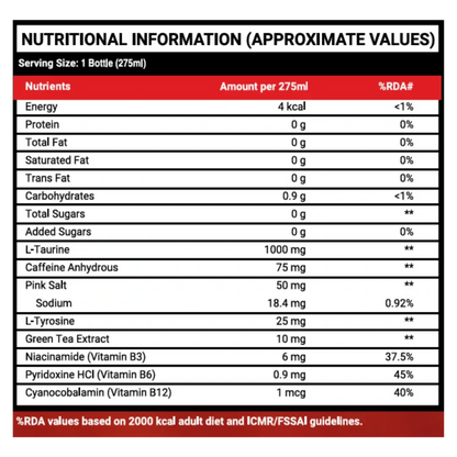 Nutritional information for ANGAAR ENERGY energy drink, showing serving size and key nutrients in a 275ml bottle.